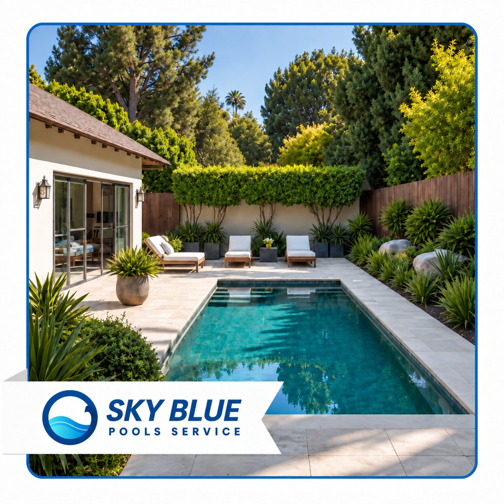 Landscaped Southern California backyard with an in-ground pool, lounge chairs, and lush greenery