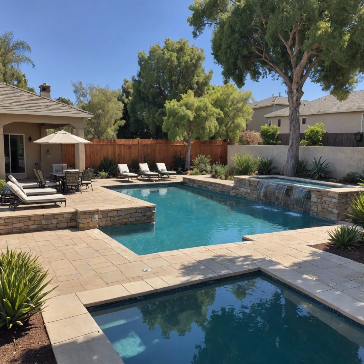 Landscaped backyard pool with lounge chairs