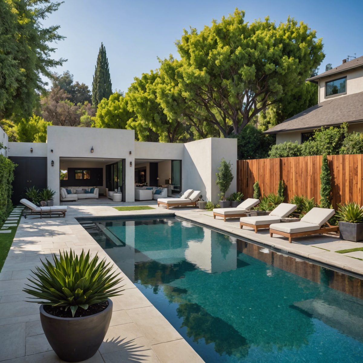 Modern backyard pool with lounge seating and covered patio