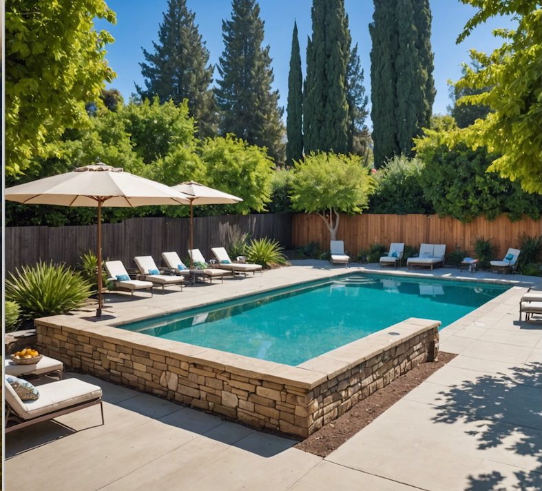 Backyard pool with shade umbrella and lounge chairs